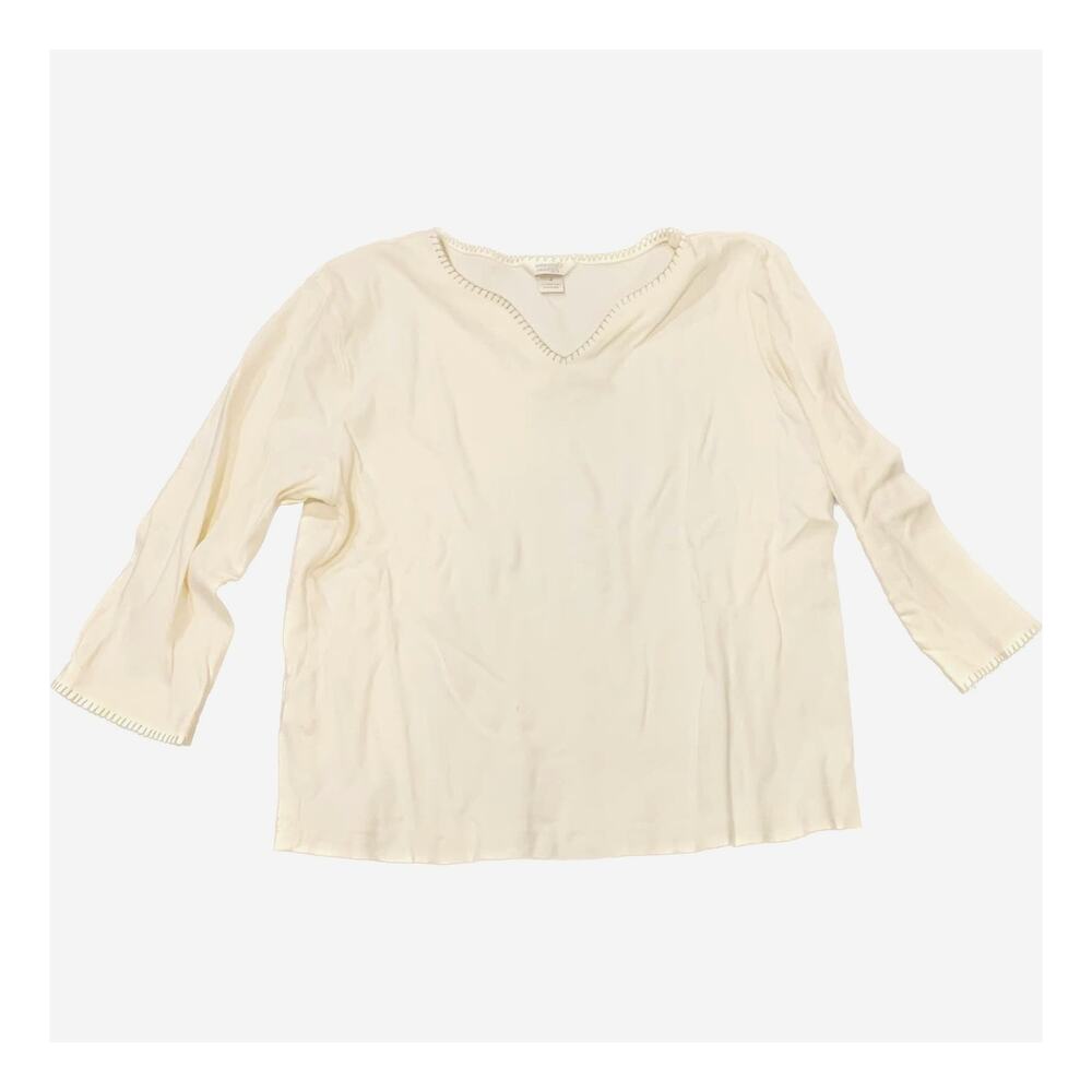 Christopher & Banks Women V-Neck Top Blouse Large Cream Ivory Cotton 3/4 Sleeve